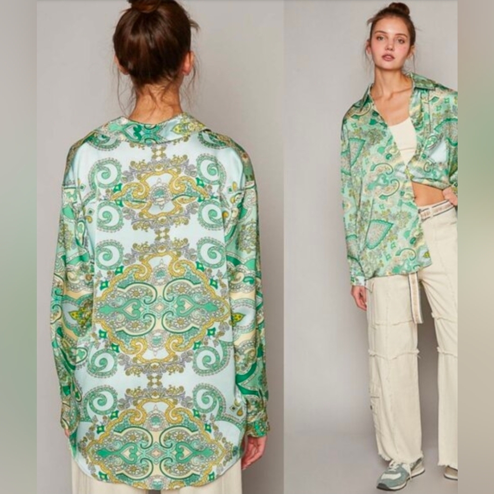 POL Green & Yellow Gold Paisley Sateen Button-Up Shirt Sz Sml
